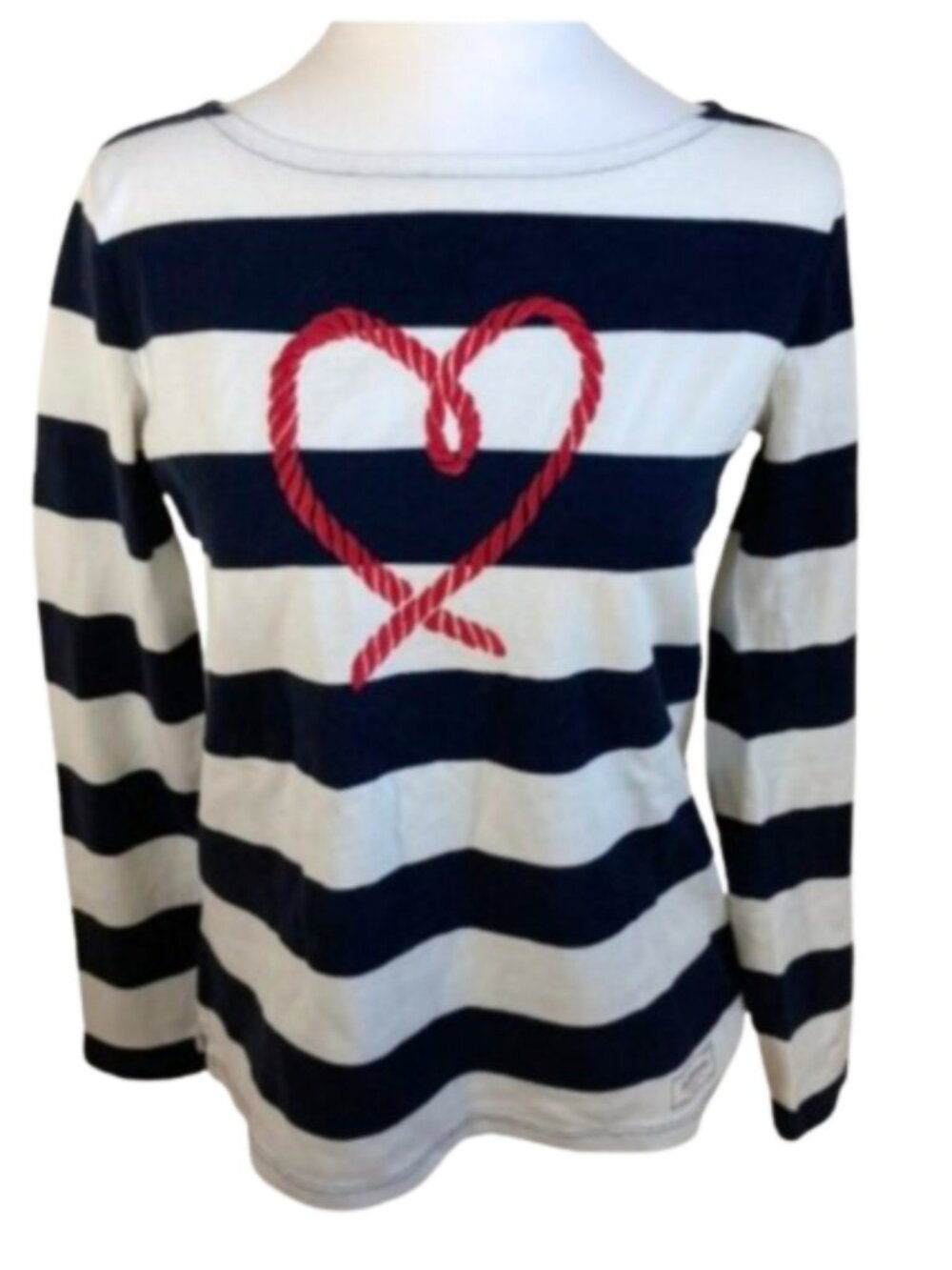 Talbots Navy and White Stripe Pima Cotton Knit Tee with Red Heart Outline, sz XS